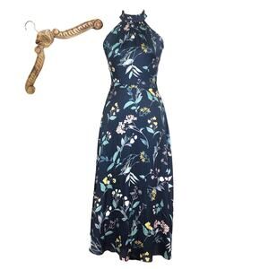 Banana Republic Dress Halter Floral Satin Midi Navy Blue High Neck Ruffle 0